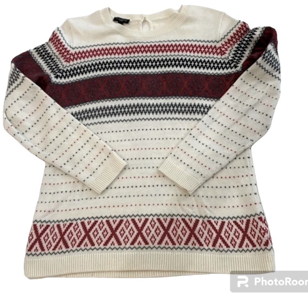 Talbots Cashmere Blend Sweater Women's SP Criss Cross Fair Isle‎ Ivory Red